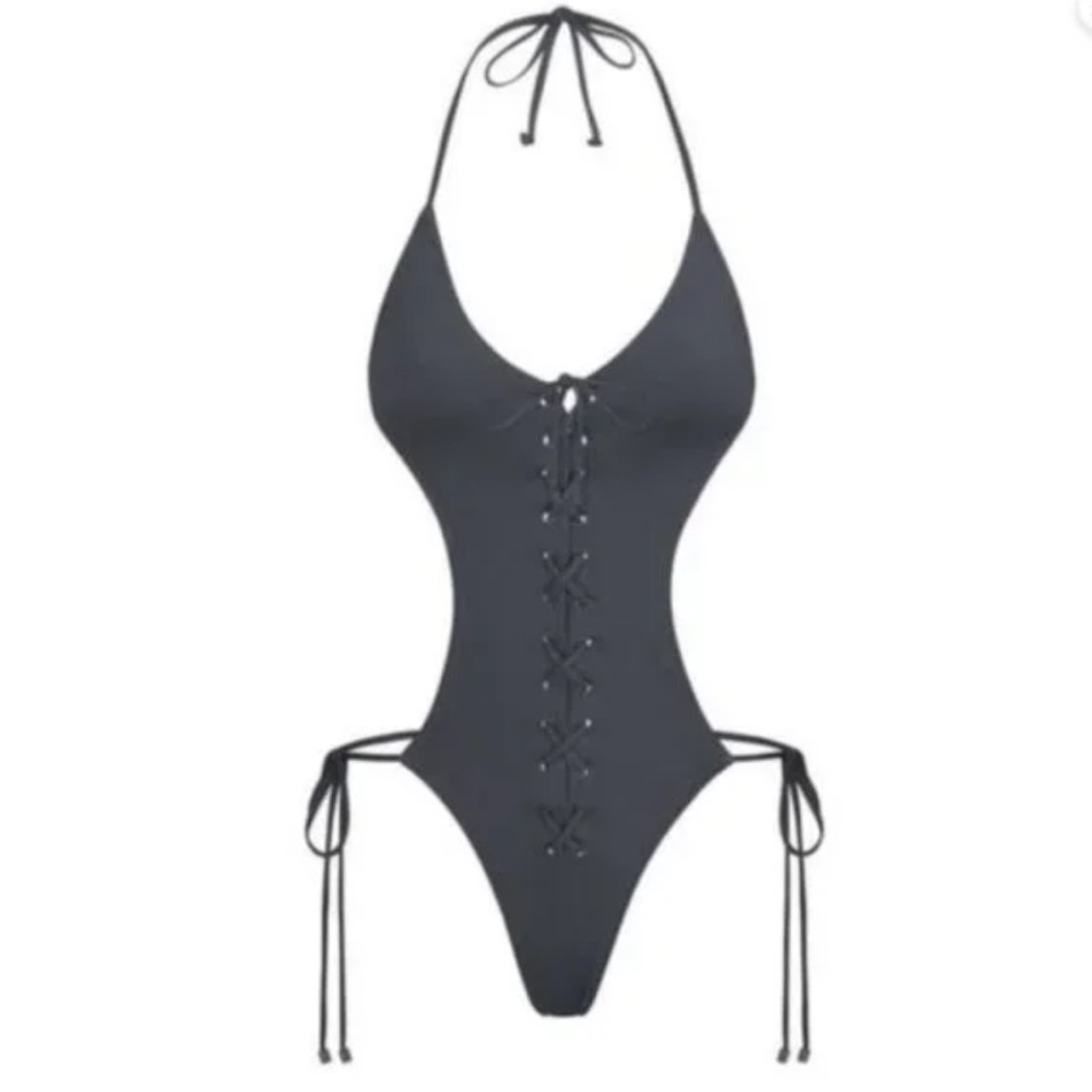 SKIMS *NWT SIGNATURE SWIM LACE UP MONOKINI | COLOR: GUNMETAL | Sz: L